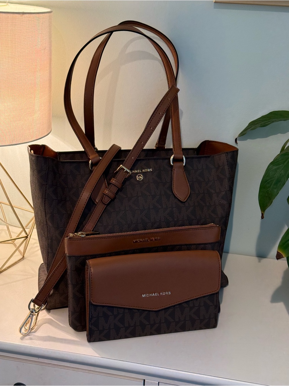 Michael Kors Brown Monogram Tote with Matching Wallet Set